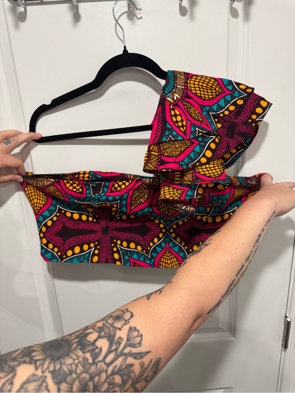 Anthropologie One-Shoulder Printed Crop Top in Pink, Teal & Yellow